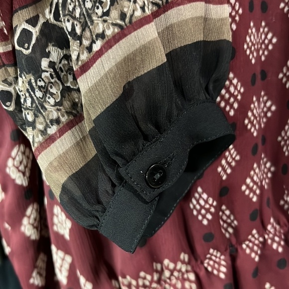 Adrianna Papell Popover Top M Boho Maroon Print Balloon Keyhole Cinch Waist - Picture 5 of 9